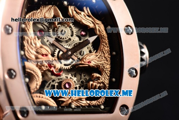Richard Mille RM 51-01 Tourbillon Tiger and Dragon Asia Manual Winding Rose Gold Case with Seleton Dial and Dot Markers Black Rubber Strap - Click Image to Close
